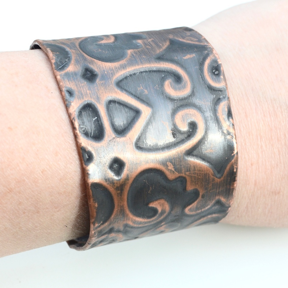 Solid Copper Filigree Wide Cuff Bracelet Damask Patina Embossed Handmade Custom - Picture 4 of 8